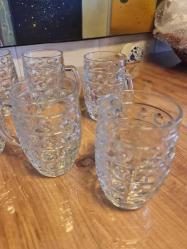 Altı adet kalın ağır sıfır vitrin ürünü eski bira bardağı