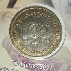 TÜRKİYE   2022     1  LİRA   HATIRA BÜYÜK TAARRUZUN  100. YILI   ÖZEL KAPAMASINDA