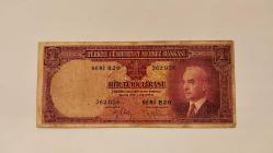 2.EMİSYON 1.TERTİP İNÖNÜ 1 BİR TÜRK LİRASI SERİ NO  B20 362056 TEMİZ MERTEBESİNDE 350