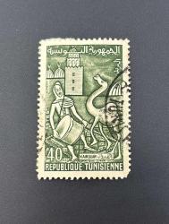 Tunus Pulu - Tunisie Stamp - Postadan Geçmiş Pul Filateli -  Damgalı - Kairouan Festivali, davulcu ve deve temalı pul, 40 PARA  - YABANCI PULLAR - NOSTALJİK DOĞUM GÜNÜ HEDİYESİ