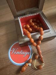 Mesut Elma Usta Logolu Sıkma Kehribar Tesbih,Vintage Ahşap Kutu Hediyeli