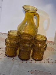 Vintage 1970's Amber Rengi Su Takımı Sürahi 23 cm litre bardaklar 9cm