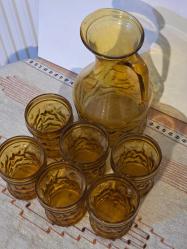 Vintage 1970's Amber Rengi Su Takımı Sürahi 23 cm litre bardaklar 9cm