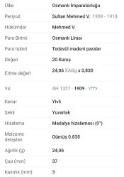 Osmanlı Son Dönem Sultan V.Mehmet Reşat Dönemi Gümüş 20 Kuruş ((1908))