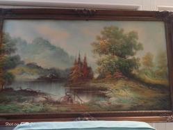 1950'ler, klasik yağlı boya manzara resmi, 100×60 cm, ahşap-memer tozu çerçeve-sanatçı ürünü