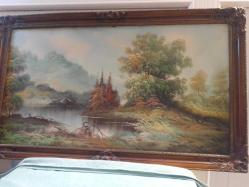 1950'ler, klasik yağlı boya manzara resmi, 100×60 cm, ahşap-memer tozu çerçeve-sanatçı ürünü