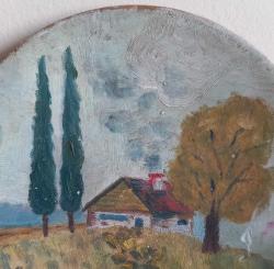 EL YAPIMI AHŞAP TABAK İÇİNDE EL YAPIMI YAĞLIBOYA TABLO. 1966 TARİHLİ.  TABAĞIN KENARINDA UFAK BİR ATIK VAR. FOTOĞRAFTA GÖRÜLDÜĞÜ GİBİ. RESAM ARKASINA İMZA VE NOT DÜŞMÜŞ.  KOLEKSİYONLUK NADİR BİR ESER