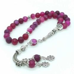 Otantik İşlemeli Mat Pembe Akik Tespih - 8mm Küre Kesim 33'lü