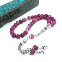 Otantik İşlemeli Mat Pembe Akik Tespih - 8mm Küre Kesim 33'lü