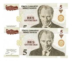 8.Emisyon 1.Tertip 5 Yeni Türk Lirası (5 YTL) Seri A74/A75 ...444 - ÇİL TCK10209