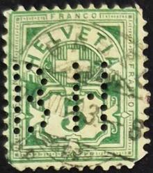 +++ İSVİÇRE   1882    5F - DAMGALI , PERFİN , HALİYLE