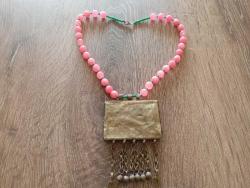 Eski Türkmen işi alpaka dan mamul doğal pembe kuvars taşlı kolye