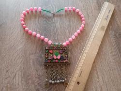 Eski Türkmen işi alpaka dan mamul doğal pembe kuvars taşlı kolye