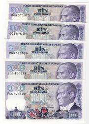 7.EMİSYON 1.000 LİRA C-D-E-F SERİLERİ ÇİL- 5 ADET HARF TAKIM FIRSATI