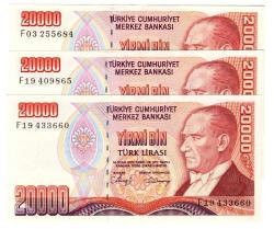 7.EMİSYON 20.000 LİRA F SERİ ÇİL 3 ADET HARF TAKIM FIRSAT LOTU