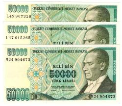 7.EMİSYON 50.000 LİRA L-M SERİLERİ ÇİL-3 ADET-HARF TAKIM FIRSATI