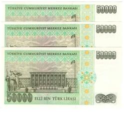 7.EMİSYON 50.000 LİRA L-M SERİLERİ ÇİL-3 ADET-HARF TAKIM FIRSATI