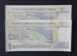 8 EMİSYON 1 YTL A42 SERİ TAKİPLİ 2 ADET ÇİL KAĞIT PARA