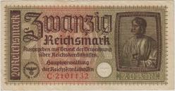 ALMANYA 20 MARK 1939-44 NAZİ-HİTLER DÖNEMİ İŞGAL TOPRAKLARI İÇİN. GAMALI HAÇLI. ÇOK ÇOK TEMİZ(-)