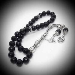 Osmanlı Motifli Elif-Vav ve Tuğra Detaylı 33'lü Parlak Obsidyen Tespih (8 mm)