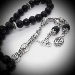 Osmanlı Motifli Elif-Vav ve Tuğra Detaylı 33'lü Parlak Obsidyen Tespih (8 mm)