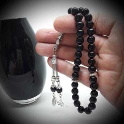Osmanlı Motifli Elif-Vav ve Tuğra Detaylı 33'lü Parlak Obsidyen Tespih (8 mm)