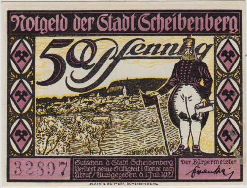 *** ALMANYA 50 PFENNİG 1921 NOTGELD-SCHEİBENBERG ŞEHRİ. ÇİL.