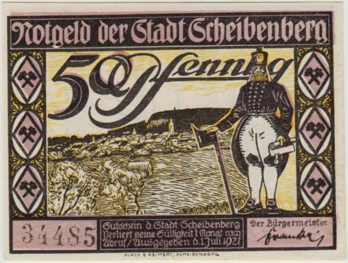 *** ALMANYA 50 PFENNİG 1921 NOTGELD-SCHEİBENBERG ŞEHRİ. ÇİL.