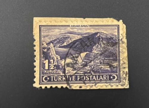 Türk Pulu - Turkish Stamp - Mektup Zarfından Kesilmiş / Postadan Geçmiş Pul Filateli - DAMGALI - ANKARA BARAJI TEMALI PUL,  1 1/2 KURUŞ - Türkiye Cumhuriyeti - NOSTALJİK DOĞUM GÜNÜ HEDİYESİ