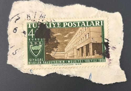 Türk Pulu - Turkish Stamp - Mektup Zarfından Kesilmiş / Postadan Geçmiş Pul Filateli - DAMGALI - SİYASAL BİLGİLER FAKÜLTESİNİN ( MÜLKİYE ) 100.YILI 1959 TEMALI PUL, 40 KURUŞ - Türkiye Cumhuriyeti - NOSTALJİK DOĞUM GÜNÜ HEDİYESİ
