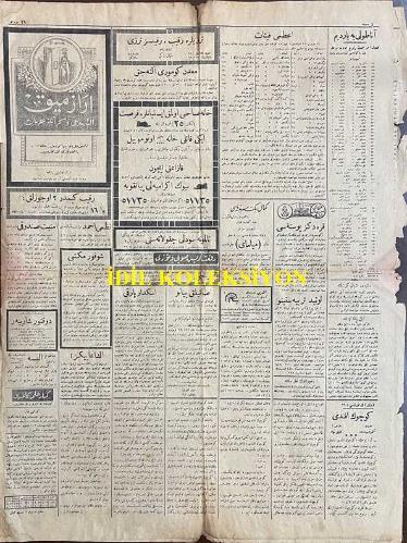 Osmanlıca Vakit Gazetesi, Orijinal Dönem Basım, (Ottoman Newspaper) - 29 Haziran 1921 - Sayı: 2177 - Hicri: 22 Şevval 1339 - Rumi: 29 Haziran 1337 - Muhacirler Buraya Naklediliyor - İzmit'te Muhtac-ı Muavenet Bir Halde Bulunan İslam Muhacirleri İstanbul'a Nakletmek Üzere Dün Yedi Vapur ve Bir Hilal-i Ahmer Heyeti İzmit'e Müteveccihen Hareket Etmiştir - Son Alınan Haberler, Yunanlıların İzmit'te Bulunan Ağırlıklarıyla Top ve Cephanelerini Kamilen Naklettiklerini Göstermektedir. Kuva-yı Milliye İzmit'in Pek Yakınında Bulunan Derbent Mevkiine Kadar Gelmiştir. Haber Aldığımıza Göre İzmit, Dün Akşama Kadar Kamilen Tahliye Edilmiş Bulunacaktı - Taarruza Geçeceklerini Tekrar İlan Ediyorlar - Kralın Riyaseti Altında Bir Meclis Taarruzun Gününü Kararlaştıracak İmiş - Atina'da Asabiyet ve Gazetelerin Mütalaatı - Gazeteler Tavassut Teklifinin Reddedilmesini Muvafık Buluyorlar - Bursa Cephesinde Vaziyet - İzmit Cephesindeki İnhilal Bu Havaliye de Sirayet Etti