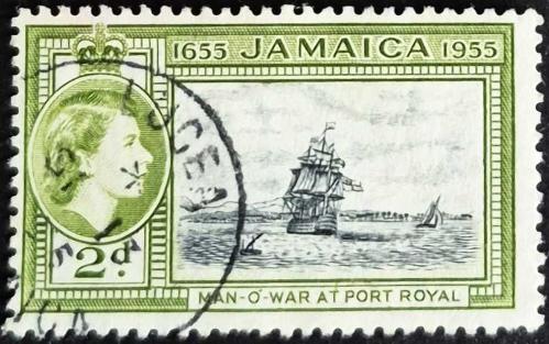 +++  JAMAICA KRALİÇE , PORT ROYAL daki SAVAŞ GEMİLERİ  , JAMAICA'nın KOLONİLEŞMESİ 300.YIL      1955    - DAMGALI