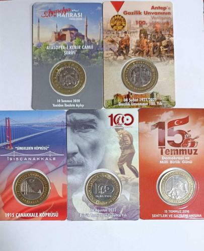 TÜRKİYE CUMHURİYETİ 5 FARKLI HATIRA 1 TÜRK LİRA ÇİL KONDİSYONDA ÖZEL KARTON KİTİNDE