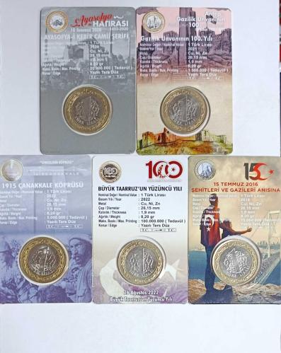 TÜRKİYE CUMHURİYETİ 5 FARKLI HATIRA 1 TÜRK LİRA ÇİL KONDİSYONDA ÖZEL KARTON KİTİNDE