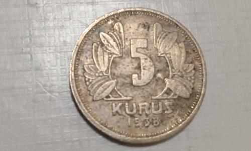 TÜRKİYE CUMHURİYETİ 5 KURUŞ 1938