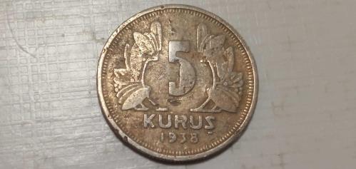 TÜRKİYE CUMHURİYETİ 5 KURUŞ 1938