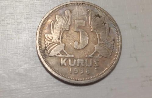 TÜRKİYE CUMHURİYETİ 5 KURUŞ 1938