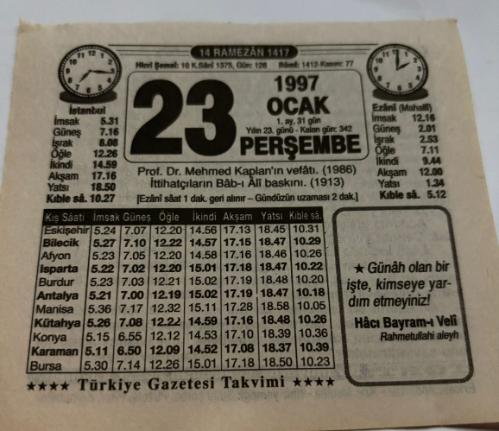 23 Ocak 1997-Orijinal Takvim Yaprağı-Doğum Günü-Söz,Nişan,Nikâh,Düğün ve Önemli Günler Hediyesi-Türkiye Gazetesi Takvimi-Ayet,Hadis (Hacı Bayram-ı Veli)-Prof.Dr.Mehmed Kaplan'ın vefatı(1986)-Yemek Yedirmek-Tahammülü Yok-Erkek:Abdülaziz,Kız:Mediha