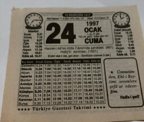 24 Ocak 1997-Orijinal Takvim Yaprağı-Doğum Günü-Söz,Nişan,Nikâh,Düğün ve Önemli Günler Hediyesi-Türkiye Gazetesi Takvimi-Ayet,Hadis (Hadis-i Şerif)-Hazret-i Ali'nin Küfe camii'nde şehadeti(661)-Önce İman Etmek-Fedakarlık-Erkek:Necdet,Kız:Nurdan