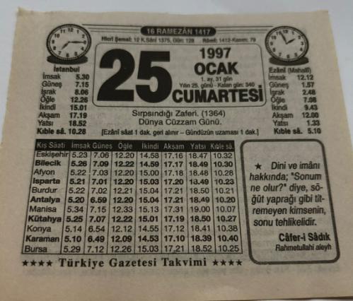 25 Ocak 1997-Orijinal Takvim Yaprağı-Doğum Günü-Söz,Nişan,Nikâh,Düğün ve Önemli Günler Hediyesi-Türkiye Gazetesi Takvimi-Ayet,Hadis (Cafer-i Sadık)-Sırpsındığı Zaferi(1364)-Sırpsındığı Savaşı-Bilmeceler-Erkek:Taha,Kız:Berika