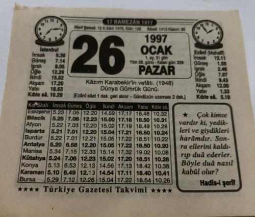 26 Ocak 1997-Orijinal Takvim Yaprağı-Doğum Günü-Söz,Nişan,Nikâh,Düğün ve Önemli Günler Hediyesi-Türkiye Gazetesi Takvimi-Ayet,Hadis (Hadis-i Şerif)-Kazım Karabekir'in vefatı(1948)-Görüyorum Rabbim Seni-Fıkra-Erkek,Arif,Kız:Müşerref