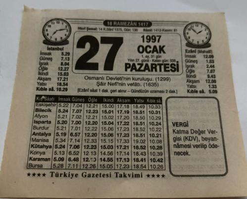 27 Ocak 1997-Orijinal Takvim Yaprağı-Doğum Günü-Söz,Nişan,Nikâh,Düğün ve Önemli Günler Hediyesi-Türkiye Gazetesi Takvimi-Ayet,Hadis (vergi)-Osmanlı Devleti'nin Kuruluşu(1299)-Osmanlı Hanedanı-Erkek:Abdurrahman,Kız:Refika