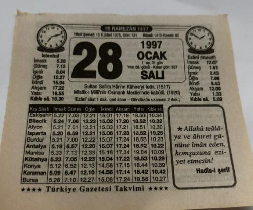 28 Ocak 1997-Orijinal Takvim Yaprağı-Doğum Günü-Söz,Nişan,Nikâh,Düğün ve Önemli Günler Hediyesi-Türkiye Gazetesi Takvimi-Ayet,Hadis (Hadis-i Şerif)-Sultan Selim Han'ın Kahire'yi Fethi(1517)-Farzların Önemi-Şoförlere Tavsiye-Okuyucularımızdan Bir Rica-Erkek:Haldun,Kız:Hale