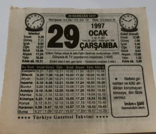 29 Ocak 1997-Orijinal Takvim Yaprağı-Doğum Günü-Söz,Nişan,Nikâh,Düğün ve Önemli Günler Hediyesi-Türkiye Gazetesi Takvimi-Ayet,Hadis (İmam-ı Şafii)-Ezanıjn Türkçe olarak ilk defa Fatih Camii'nde okutturulması(1932)-Yemek Adabı-Erkek:Ali,Kız:İclal