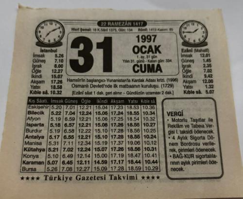 31 Ocak 1997-Orijinal Takvim Yaprağı-Doğum Günü-Söz,Nişan,Nikâh,Düğün ve Önemli Günler Hediyesi-Türkiye Gazetesi Takvimi-Ayet,Hadis (Vergi)-Yunanistan'da Kardak Adası krizi(1996)-Allah'a İman-Ev İçin Besinler-Bu Adam Kim?-Erkek:Melik,Kız:Nedime