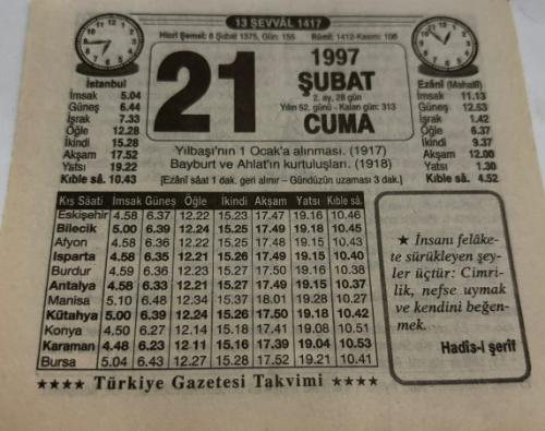 21 Şubat 1997-Orijinal Takvim Yaprağı-Doğum Günü-Söz,Nişan,Nikâh,Düğün ve Önemli Günler Hediyesi-Türkiye Gazetesi Takvimi-Ayet,Hadis (Hadis-i Şerif)-Yılbaşı'nın 1 Ocak'a Alınması(1917)-İyi Kadınların Ölümü-Erkek:Abdullah,Kız:Aynur