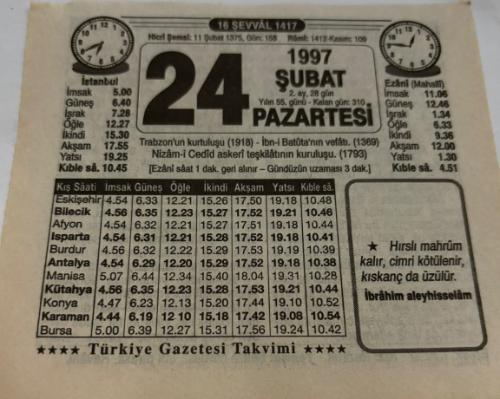 24 Şubat 1997-Orijinal Takvim Yaprağı-Doğum Günü-Söz,Nişan,Nikâh,Düğün ve Önemli Günler Hediyesi-Türkiye Gazetesi Takvimi-Ayet,Hadis (İbrahim Aleyhisselam)-Trabzon'un kurtuluşu(1918)-Bir Genç Kızın İmanı-Erkek:Nevzat,Kız:Nezafet