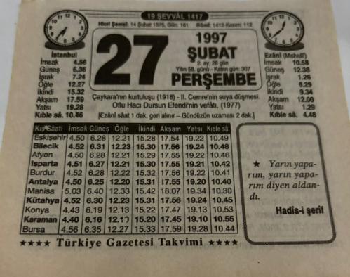 27 Şubat 1997-Orijinal Takvim Yaprağı-Doğum Günü-Söz,Nişan,Nikâh,Düğün ve Önemli Günler Hediyesi-Türkiye Gazetesi Takvimi-Ayet,Hadis (Hadis-i Şerif)-Çaykara'nın kurtuluşu(1918)-Bebek ve Annesi-Ağız Temizliği-Erkek:Nusret,Kız:Nimet
