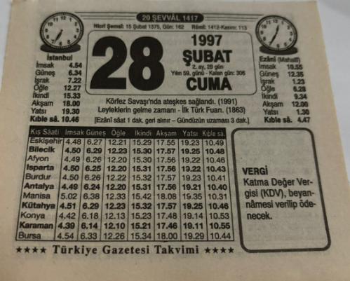 28 Şubat 1997-Orijinal Takvim Yaprağı-Doğum Günü-Söz,Nişan,Nikâh,Düğün ve Önemli Günler Hediyesi-Türkiye Gazetesi Takvimi-Ayet,Hadis (Vergi)-Körfez Savaşı'nda ateşkes Sağlandı(1991)-Alkolün Zararları-Mutfakta Emniyet-Erkek:Burhaneddin,Kız:Büşra