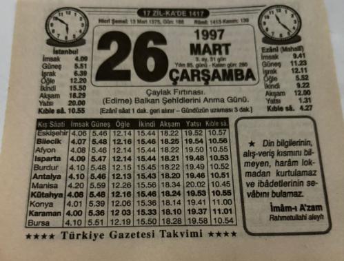 26 Mart 1997-Orijinal Takvim Yaprağı-Doğum Günü-Söz,Nişan,Nikâh,Düğün ve Önemli Günler Hediyesi-Türkiye Gazetesi Takvimi-Ayet,Hadis (İmam-ı Azam)-Çaylak Fırtınası-Talaş Kebabı-Fiyatlar-Yere Tükürmek-Erkek:Şakir,Kız:Şeyma